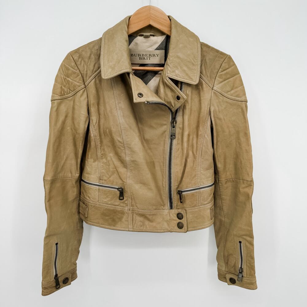 Burberry Leather Jacket Sz 6 Brown Moto Biker Brit Womens Lambskin Biker Cropped